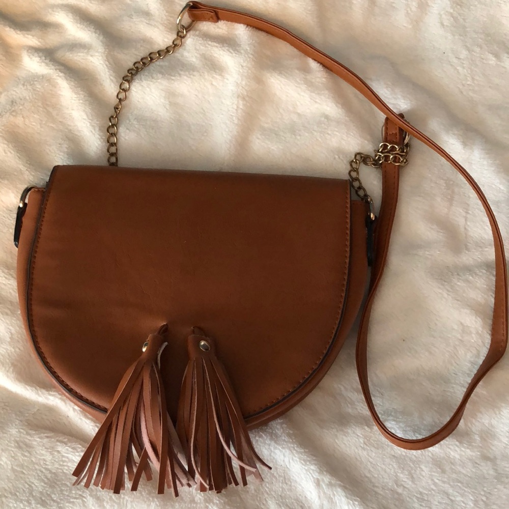 Brown faux leather crossbody with tassels